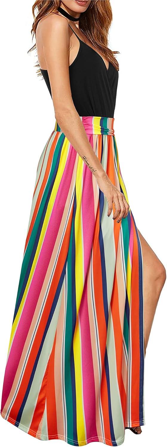 image:imageNewshows Womens 2026 Lightweight Summer Wedding Guest Beach Vacation Casual V Neck Split Flowy Maxi DressStripe Floral Red