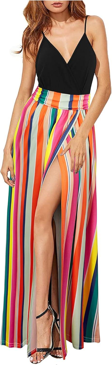 image:imageNewshows Womens 2026 Lightweight Summer Wedding Guest Beach Vacation Casual V Neck Split Flowy Maxi DressStripe Floral Red