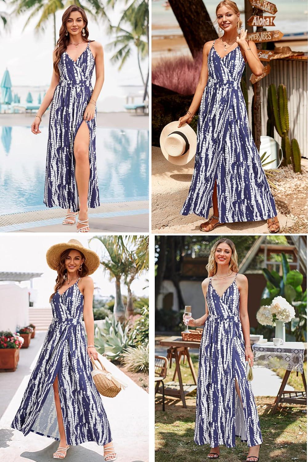 image:imageNewshows Womens 2026 Lightweight Summer Wedding Guest Beach Vacation Casual V Neck Split Flowy Maxi DressStripe Floral White