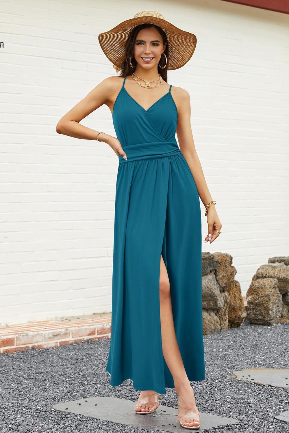 image:imageNewshows Womens 2026 Lightweight Summer Wedding Guest Beach Vacation Casual V Neck Split Flowy Maxi DressTeal Blue