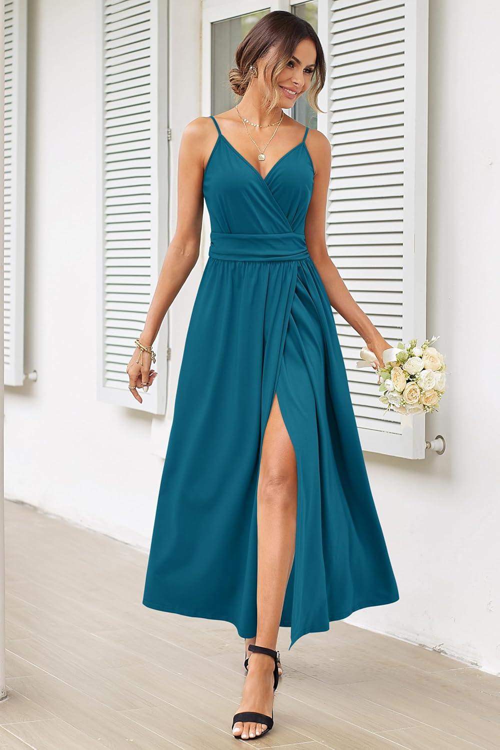 image:imageNewshows Womens 2026 Lightweight Summer Wedding Guest Beach Vacation Casual V Neck Split Flowy Maxi DressTeal Blue