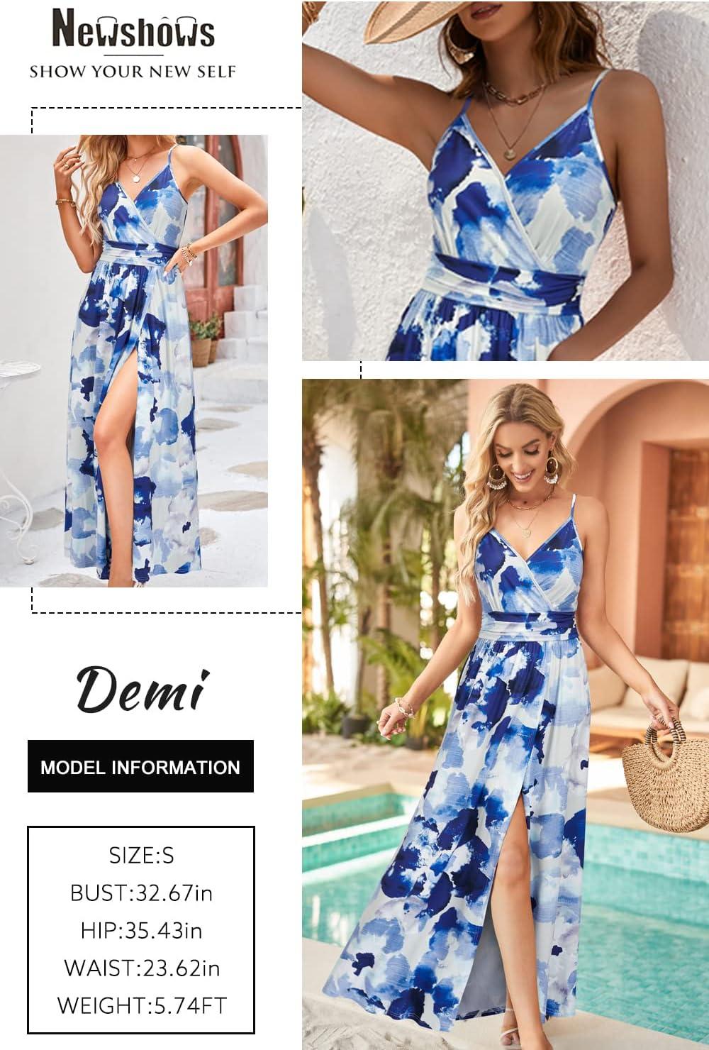 image:imageNewshows Womens 2026 Lightweight Summer Wedding Guest Beach Vacation Casual V Neck Split Flowy Maxi DressWhite Floral Dark Blue