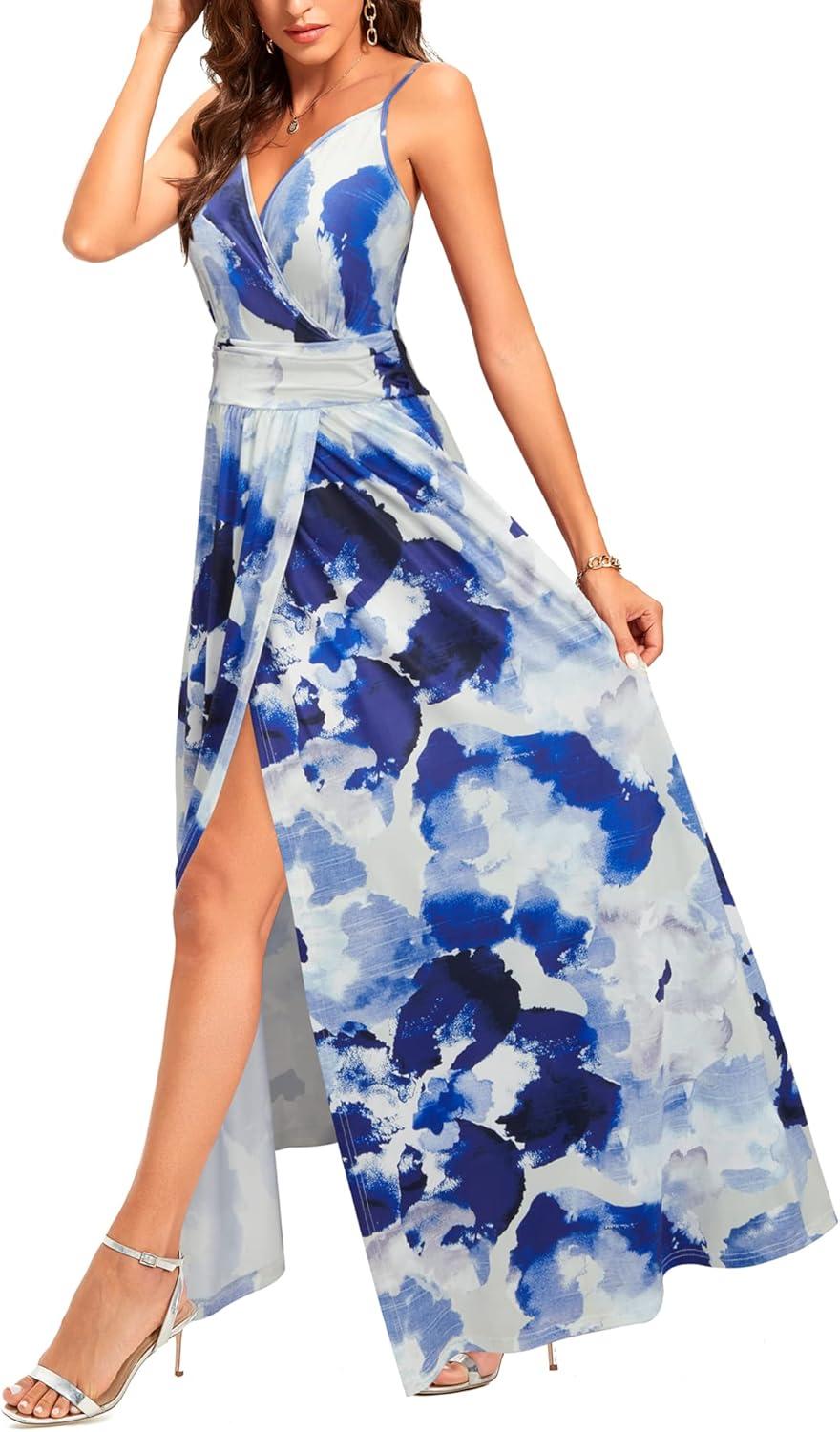 image:imageNewshows Womens 2026 Lightweight Summer Wedding Guest Beach Vacation Casual V Neck Split Flowy Maxi DressWhite Floral Dark Blue