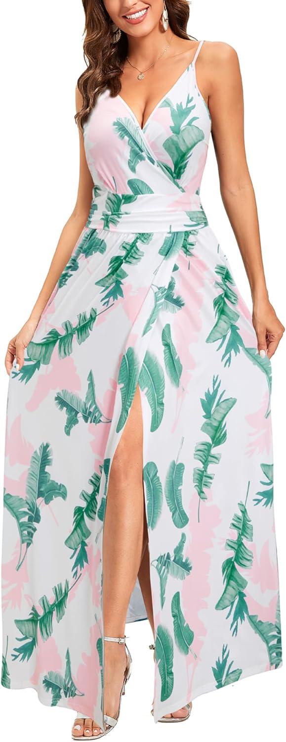 image:imageNewshows Womens 2026 Lightweight Summer Wedding Guest Beach Vacation Casual V Neck Split Flowy Maxi DressWhite Floral Leaf