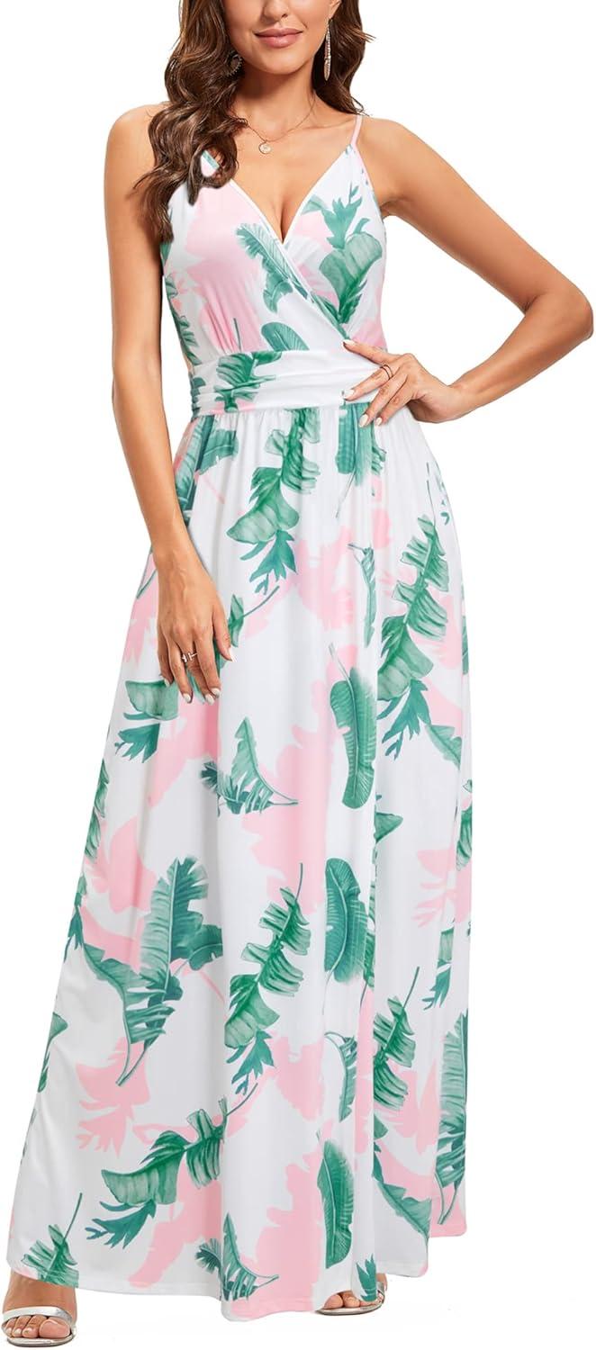 image:imageNewshows Womens 2026 Lightweight Summer Wedding Guest Beach Vacation Casual V Neck Split Flowy Maxi DressWhite Floral Leaf