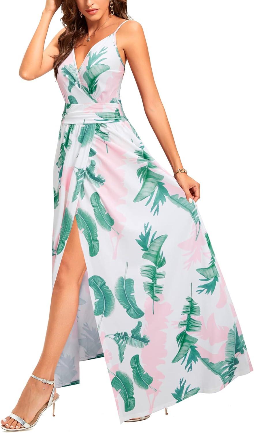 image:imageNewshows Womens 2026 Lightweight Summer Wedding Guest Beach Vacation Casual V Neck Split Flowy Maxi DressWhite Floral Leaf
