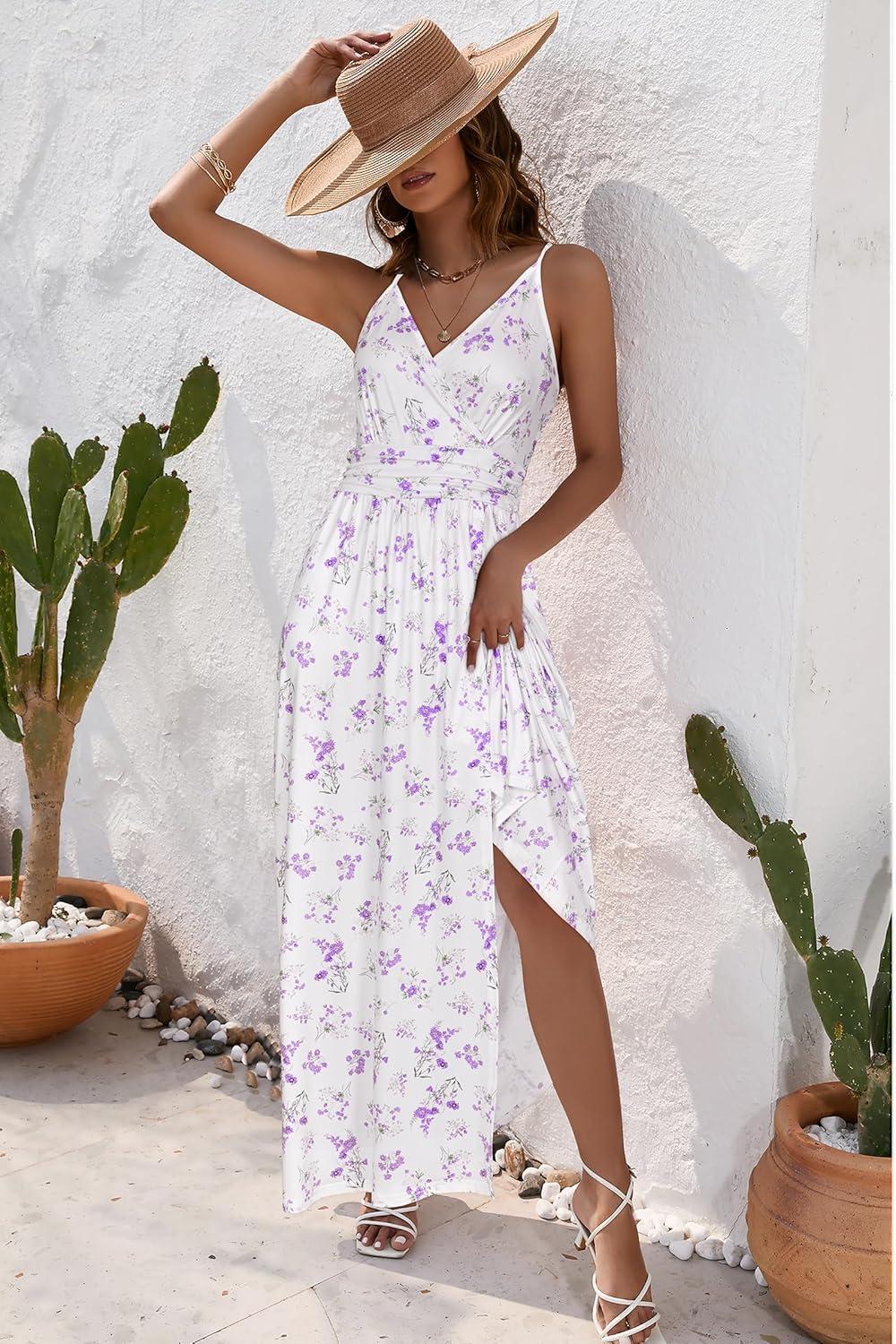 image:imageNewshows Womens 2026 Lightweight Summer Wedding Guest Beach Vacation Casual V Neck Split Flowy Maxi DressWhite Pruple Flowers