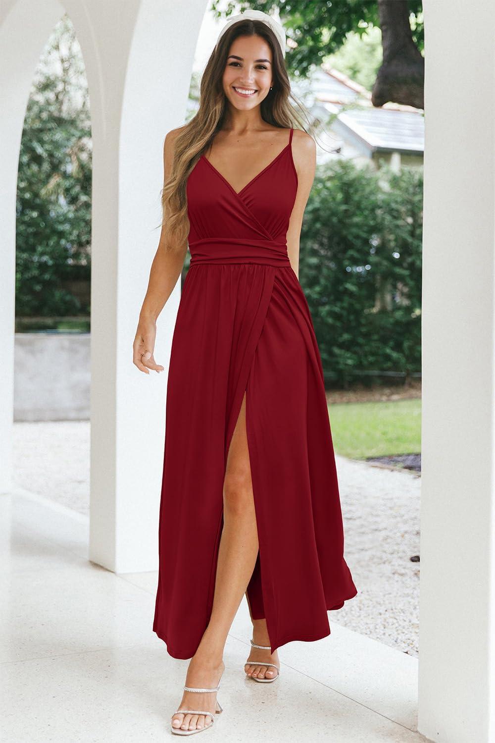 image:imageNewshows Womens 2026 Lightweight Summer Wedding Guest Beach Vacation Casual V Neck Split Flowy Maxi DressWine Red