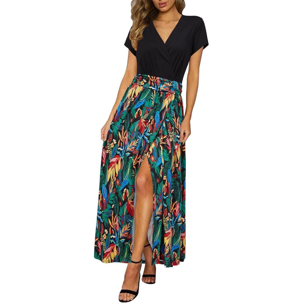image:imageNewshows Womens 2026 Lightweight Summer Wedding Guest Beach Vacation Casual V Neck Split Flowy Maxi Dress5001red Green Leaf
