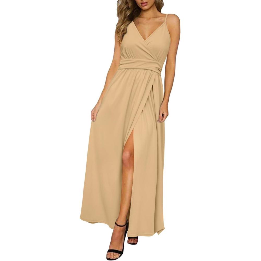 image:imageNewshows Womens 2026 Lightweight Summer Wedding Guest Beach Vacation Casual V Neck Split Flowy Maxi DressApricot