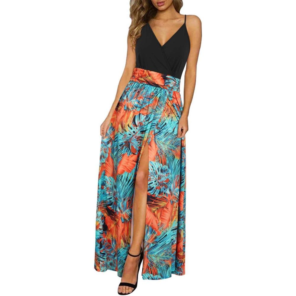 image:imageNewshows Womens 2026 Lightweight Summer Wedding Guest Beach Vacation Casual V Neck Split Flowy Maxi DressBlack Floral Blue Orange
