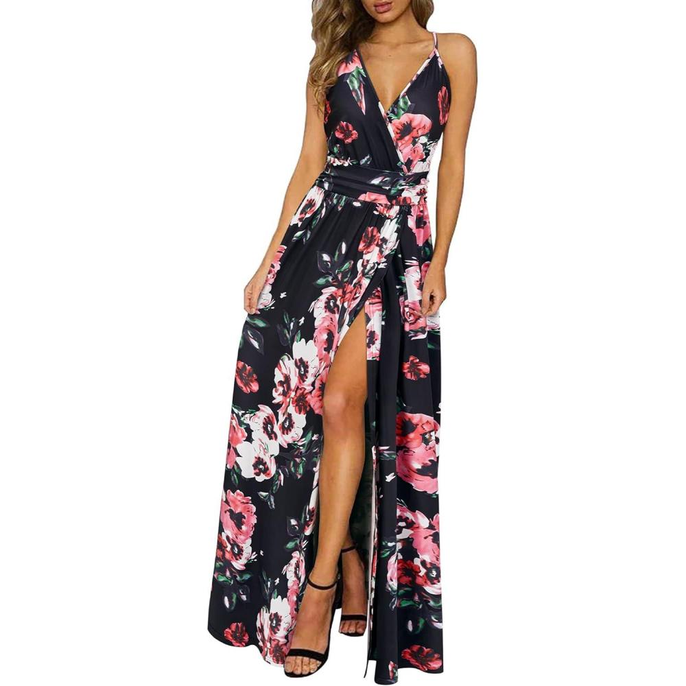 image:imageNewshows Womens 2026 Lightweight Summer Wedding Guest Beach Vacation Casual V Neck Split Flowy Maxi DressBlack Floral Pink