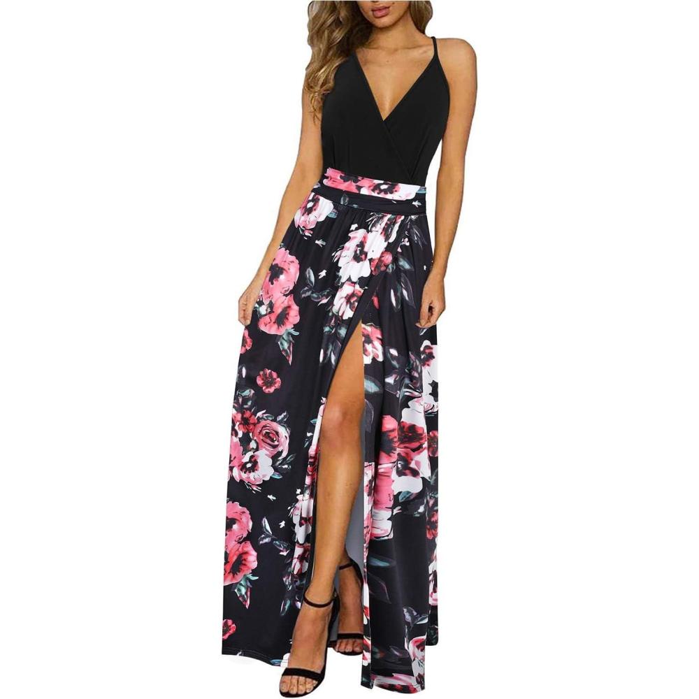 image:imageNewshows Womens 2026 Lightweight Summer Wedding Guest Beach Vacation Casual V Neck Split Flowy Maxi DressBlack Floral Pink White