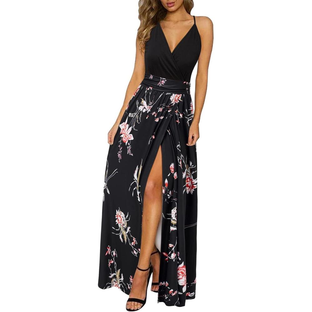 image:imageNewshows Womens 2026 Lightweight Summer Wedding Guest Beach Vacation Casual V Neck Split Flowy Maxi DressBlack Floral Red White