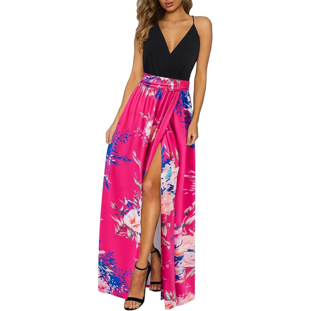 image:imageNewshows Womens 2026 Lightweight Summer Wedding Guest Beach Vacation Casual V Neck Split Flowy Maxi DressBlack Floral Rose