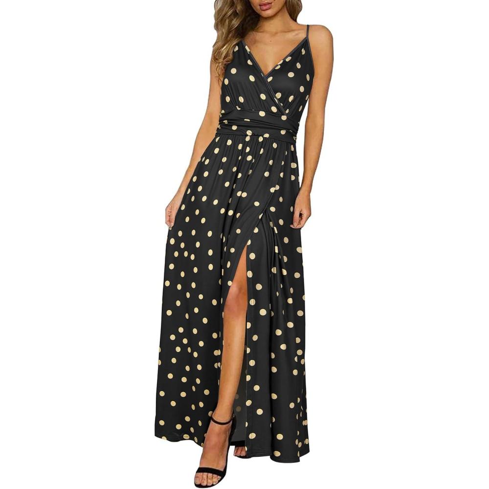image:imageNewshows Womens 2026 Lightweight Summer Wedding Guest Beach Vacation Casual V Neck Split Flowy Maxi DressBlack White Polka Dots