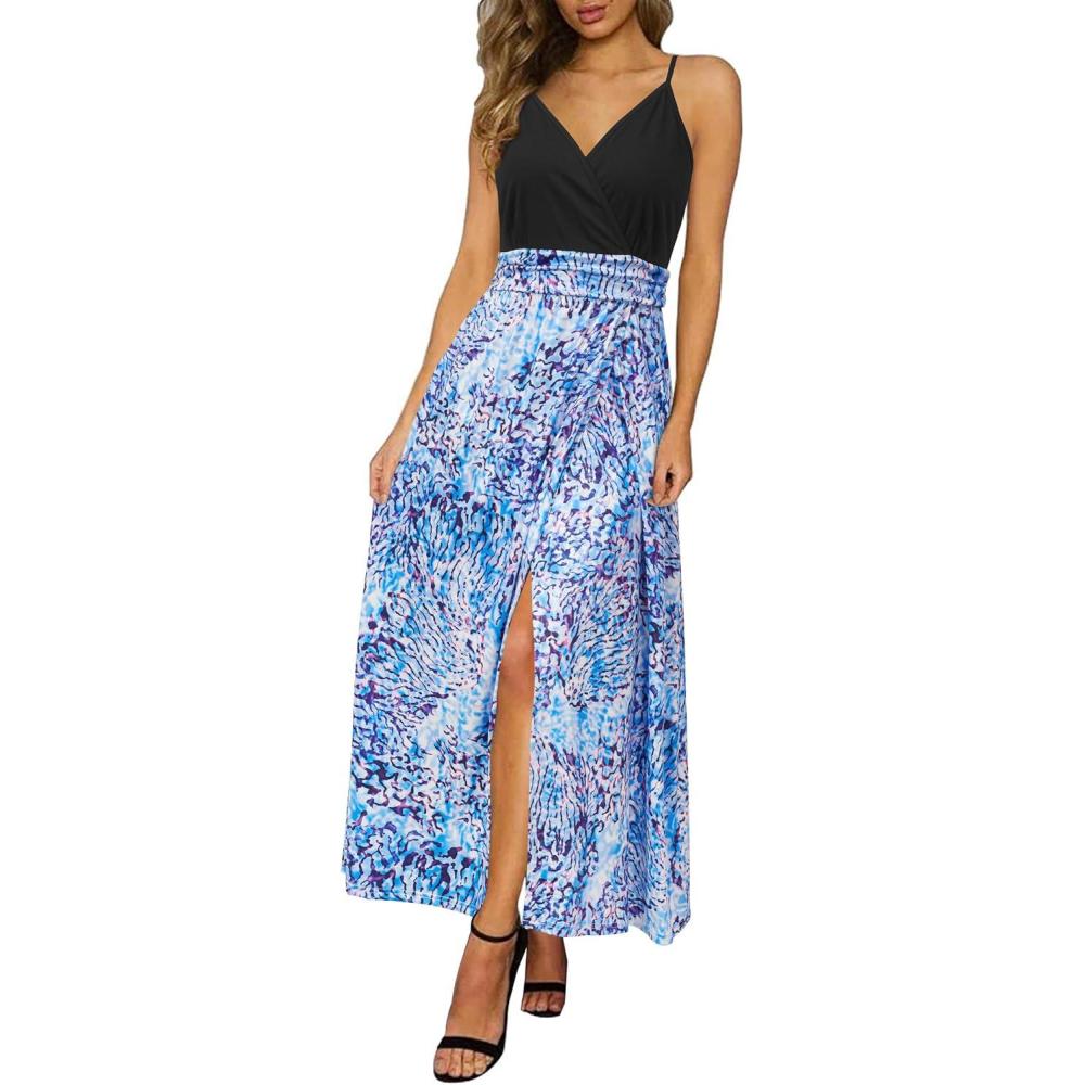 image:imageNewshows Womens 2026 Lightweight Summer Wedding Guest Beach Vacation Casual V Neck Split Flowy Maxi DressBlue Abstract Floral