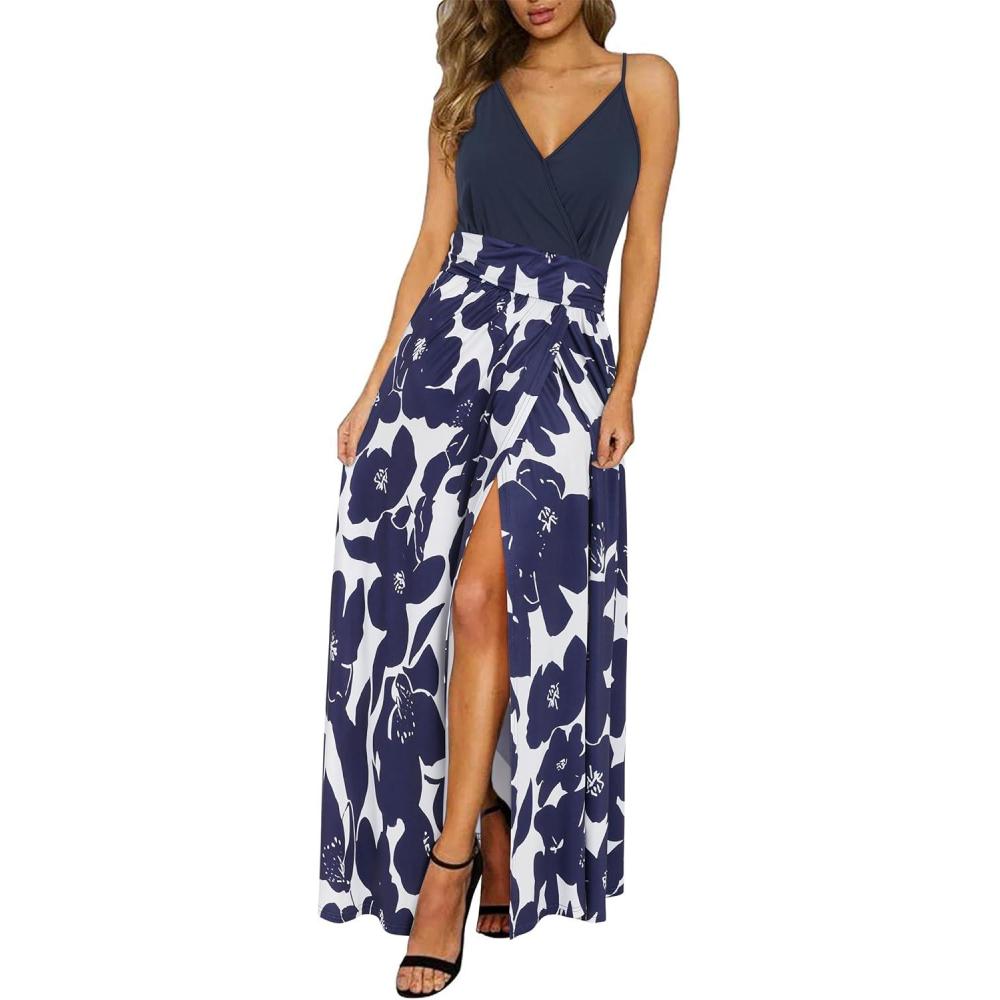 image:imageNewshows Womens 2026 Lightweight Summer Wedding Guest Beach Vacation Casual V Neck Split Flowy Maxi DressBlue Floral Blue White