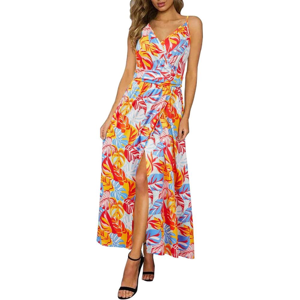 image:imageNewshows Womens 2026 Lightweight Summer Wedding Guest Beach Vacation Casual V Neck Split Flowy Maxi DressColorful Banana Leaf