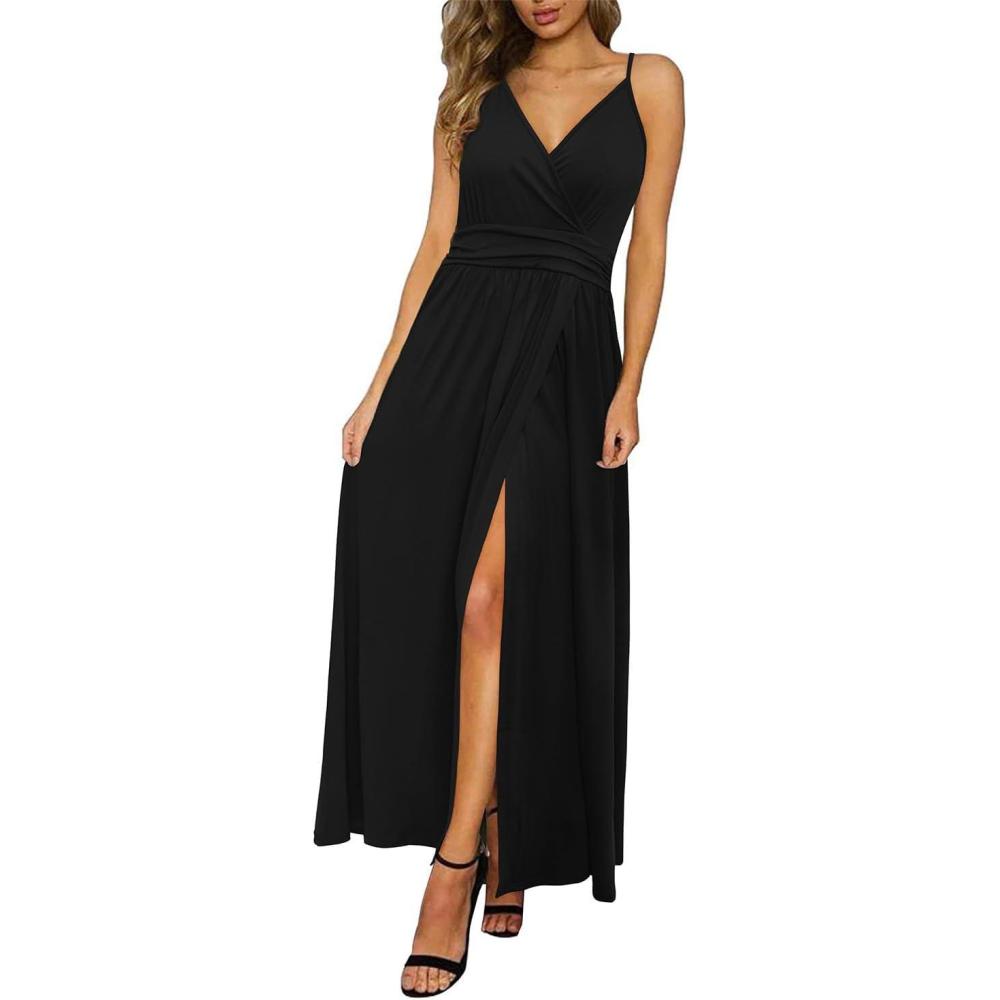image:imageNewshows Womens 2026 Lightweight Summer Wedding Guest Beach Vacation Casual V Neck Split Flowy Maxi DressFashion Black