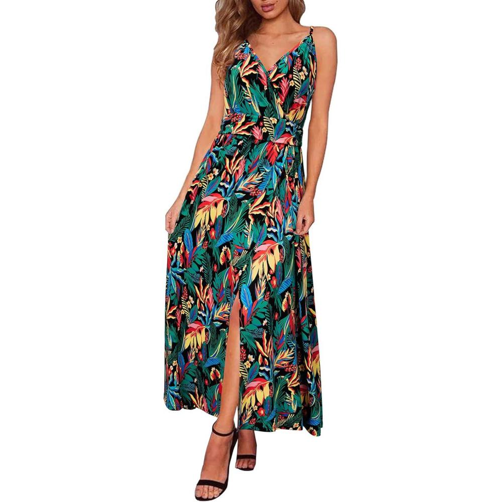image:imageNewshows Womens 2026 Lightweight Summer Wedding Guest Beach Vacation Casual V Neck Split Flowy Maxi DressGreen Colorful Leaf