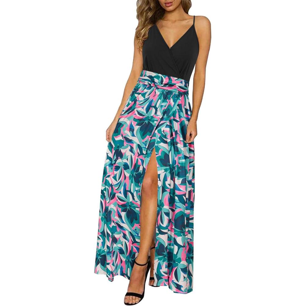 image:imageNewshows Womens 2026 Lightweight Summer Wedding Guest Beach Vacation Casual V Neck Split Flowy Maxi DressMulticolor Green Flowers