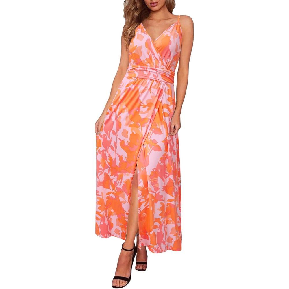 image:imageNewshows Womens 2026 Lightweight Summer Wedding Guest Beach Vacation Casual V Neck Split Flowy Maxi DressOrange Abstract Floral