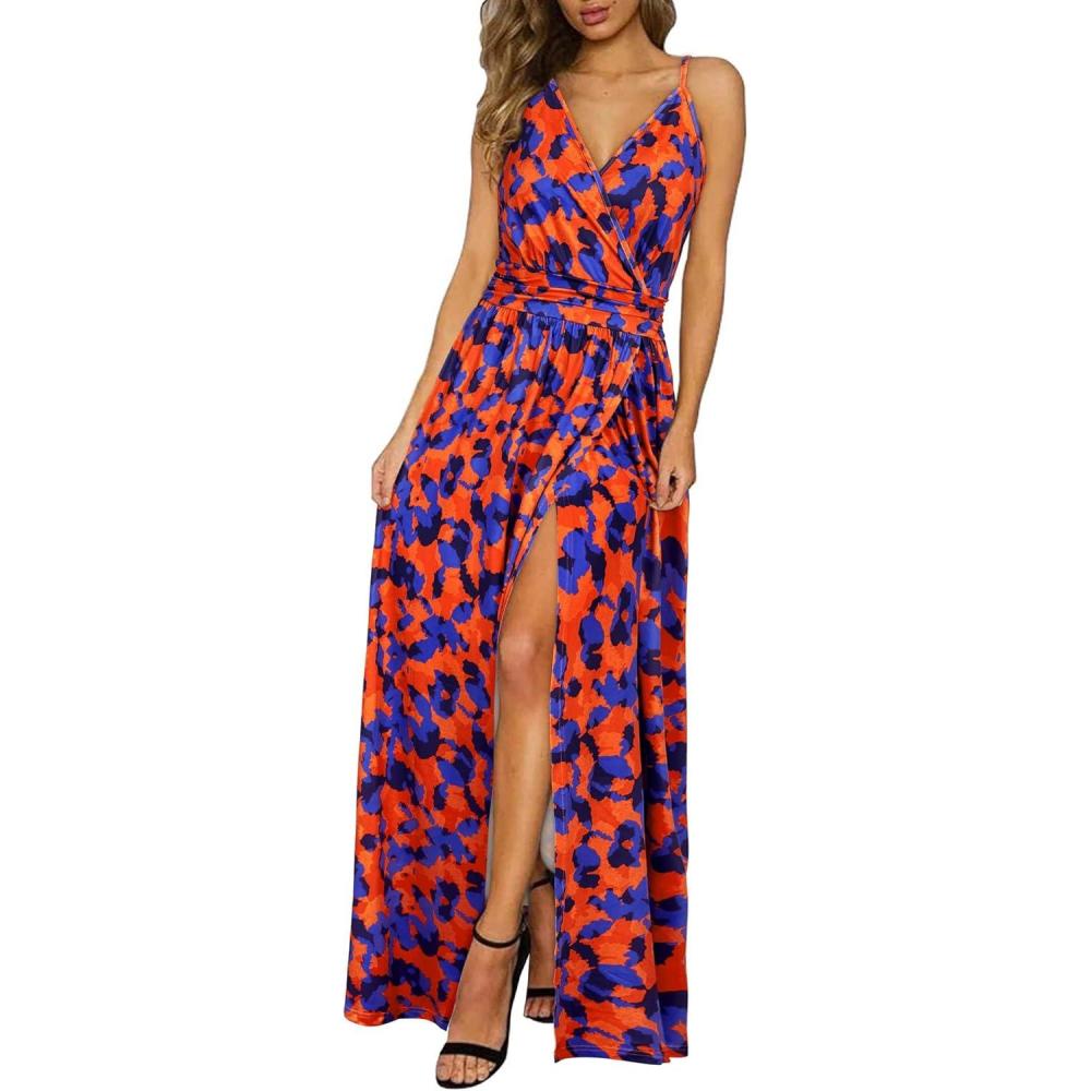image:imageNewshows Womens 2026 Lightweight Summer Wedding Guest Beach Vacation Casual V Neck Split Flowy Maxi DressOrange Floral Blue