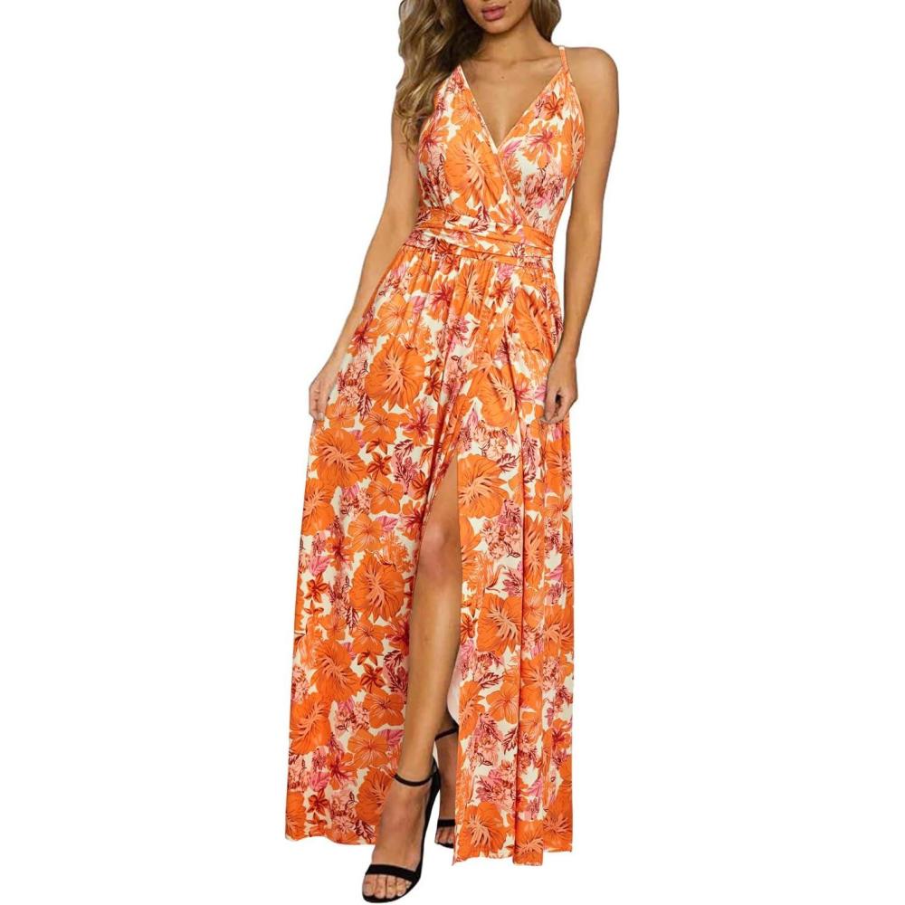 image:imageNewshows Womens 2026 Lightweight Summer Wedding Guest Beach Vacation Casual V Neck Split Flowy Maxi DressOrange Floral Pink