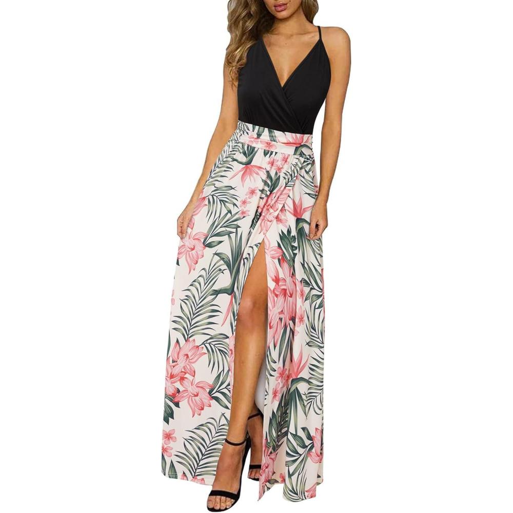 image:imageNewshows Womens 2026 Lightweight Summer Wedding Guest Beach Vacation Casual V Neck Split Flowy Maxi DressPink Floral Leaf