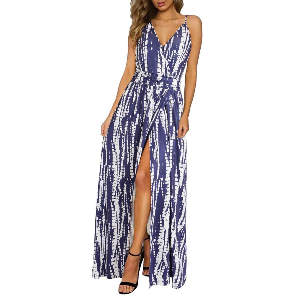 image:imageNewshows Womens 2026 Lightweight Summer Wedding Guest Beach Vacation Casual V Neck Split Flowy Maxi DressStripe Floral White