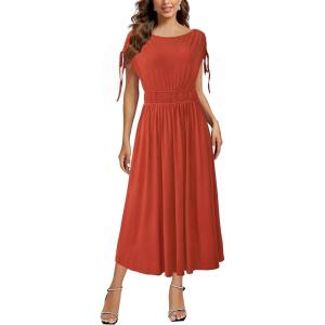 Newshows Womens 2025 Summer Drawstring Cap Sleeve Boat Neck Smocked Casual Vacation Outfits Vestidos Midi Dress(Caramel)