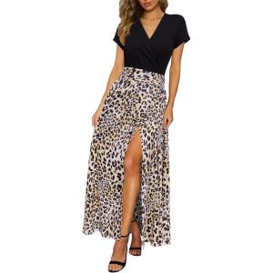 Newshows Women’s 2026 Lightweight Summer Wedding Guest Beach Vacation Casual V Neck Split Flowy Maxi Dress(5001-black Leopard Print)
