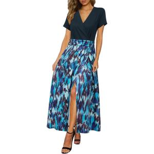 Newshows Women’s 2026 Lightweight Summer Wedding Guest Beach Vacation Casual V Neck Split Flowy Maxi Dress(5001-blue Black Abstract Floral)