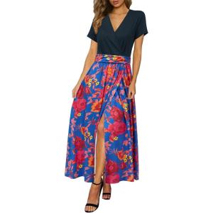 Newshows Women’s 2026 Lightweight Summer Wedding Guest Beach Vacation Casual V Neck Split Flowy Maxi Dress(5001-blue Red Floral)