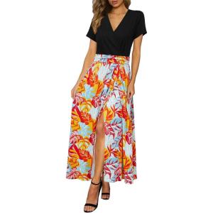 Newshows Women’s 2026 Lightweight Summer Wedding Guest Beach Vacation Casual V Neck Split Flowy Maxi Dress(5001-colorful Banana Leaf)