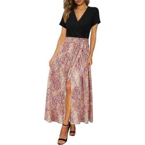 Newshows Women’s 2026 Lightweight Summer Wedding Guest Beach Vacation Casual V Neck Split Flowy Maxi Dress(5001-orange Purple Colorful Leopard)