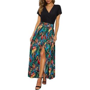 Newshows Women’s 2026 Lightweight Summer Wedding Guest Beach Vacation Casual V Neck Split Flowy Maxi Dress(5001-red Green Leaf)