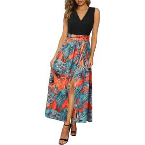 Newshows Women’s 2026 Lightweight Summer Wedding Guest Beach Vacation Casual V Neck Split Flowy Maxi Dress(5121-orange Blue Tropical Leaf)