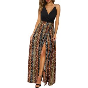 Newshows Women’s 2026 Lightweight Summer Wedding Guest Beach Vacation Casual V Neck Split Flowy Maxi Dress(Black Floral Brown)