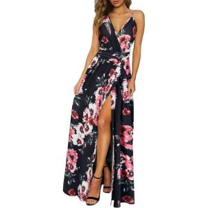 Newshows Women’s 2026 Lightweight Summer Wedding Guest Beach Vacation Casual V Neck Split Flowy Maxi Dress(Black Floral Pink)