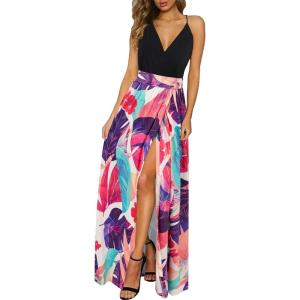 Newshows Women’s 2026 Lightweight Summer Wedding Guest Beach Vacation Casual V Neck Split Flowy Maxi Dress(Black Floral Purple)