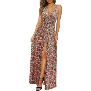 Newshows Women’s 2026 Lightweight Summer Wedding Guest Beach Vacation Casual V Neck Split Flowy Maxi Dress(Black Floral Red)