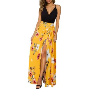 Newshows Women’s 2026 Lightweight Summer Wedding Guest Beach Vacation Casual V Neck Split Flowy Maxi Dress(Black Floral Yellow)