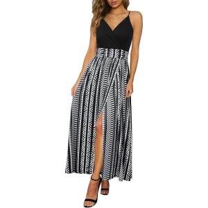 Newshows Women’s 2026 Lightweight Summer Wedding Guest Beach Vacation Casual V Neck Split Flowy Maxi Dress(Black Geometric Striped)