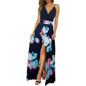 Newshows Women’s 2026 Lightweight Summer Wedding Guest Beach Vacation Casual V Neck Split Flowy Maxi Dress(Blue Floral Light Blue)