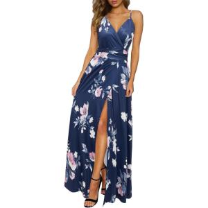 Newshows Women’s 2026 Lightweight Summer Wedding Guest Beach Vacation Casual V Neck Split Flowy Maxi Dress(Blue Floral Pink)