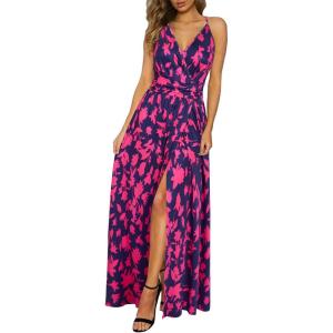 Newshows Women’s 2026 Lightweight Summer Wedding Guest Beach Vacation Casual V Neck Split Flowy Maxi Dress(Blue Floral Rose)