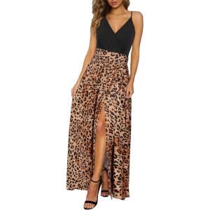 Newshows Women’s 2026 Lightweight Summer Wedding Guest Beach Vacation Casual V Neck Split Flowy Maxi Dress(Brown Leopard)
