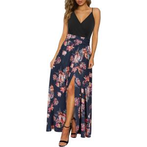 Newshows Women’s 2026 Lightweight Summer Wedding Guest Beach Vacation Casual V Neck Split Flowy Maxi Dress(Dark Blue Yellow Floral)